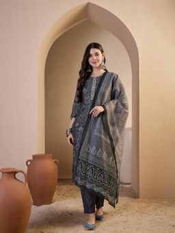INDDUS - Black Embroidered Straight Kurta Pant with Dupatta