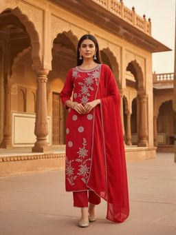 INDDUS - Red Embroidered Straight Kurta Pant with Dupatta