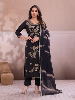 INDDUS - Grey Embroidered Straight Kurta Pant with Dupatta