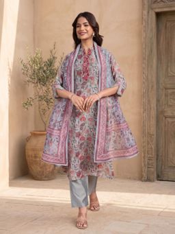 INDDUS - Navy Blue Floral Straight Kurta Pant with Dupatta