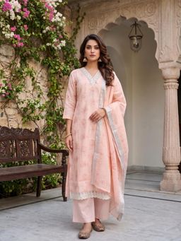 INDDUS - Pink Floral Straight Kurta Pant with Dupatta