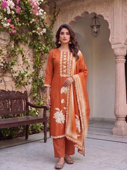 INDDUS - Rust Floral Straight Kurta Pant with Dupatta
