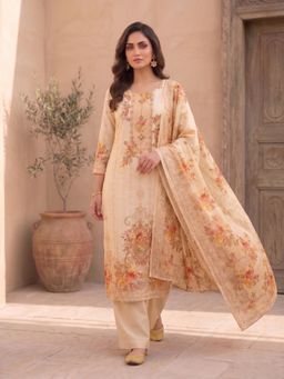 INDDUS - Peach Floral Straight Kurta Pant with Dupatta