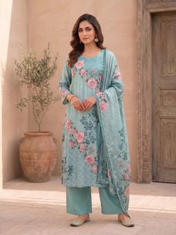 INDDUS - Blue Floral Straight Kurta Pant with Dupatta