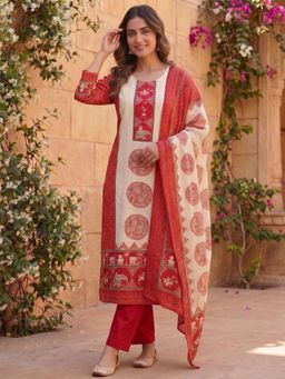 INDDUS - Cream Floral Straight Kurta Pant with Dupatta