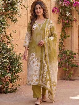 INDDUS - Green Floral Straight Kurta Pant with Dupatta