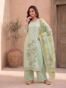 INDDUS - Green Floral Straight Kurta Pant with Dupatta