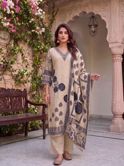 INDDUS - Beige Floral Straight Kurta Pant with Dupatta