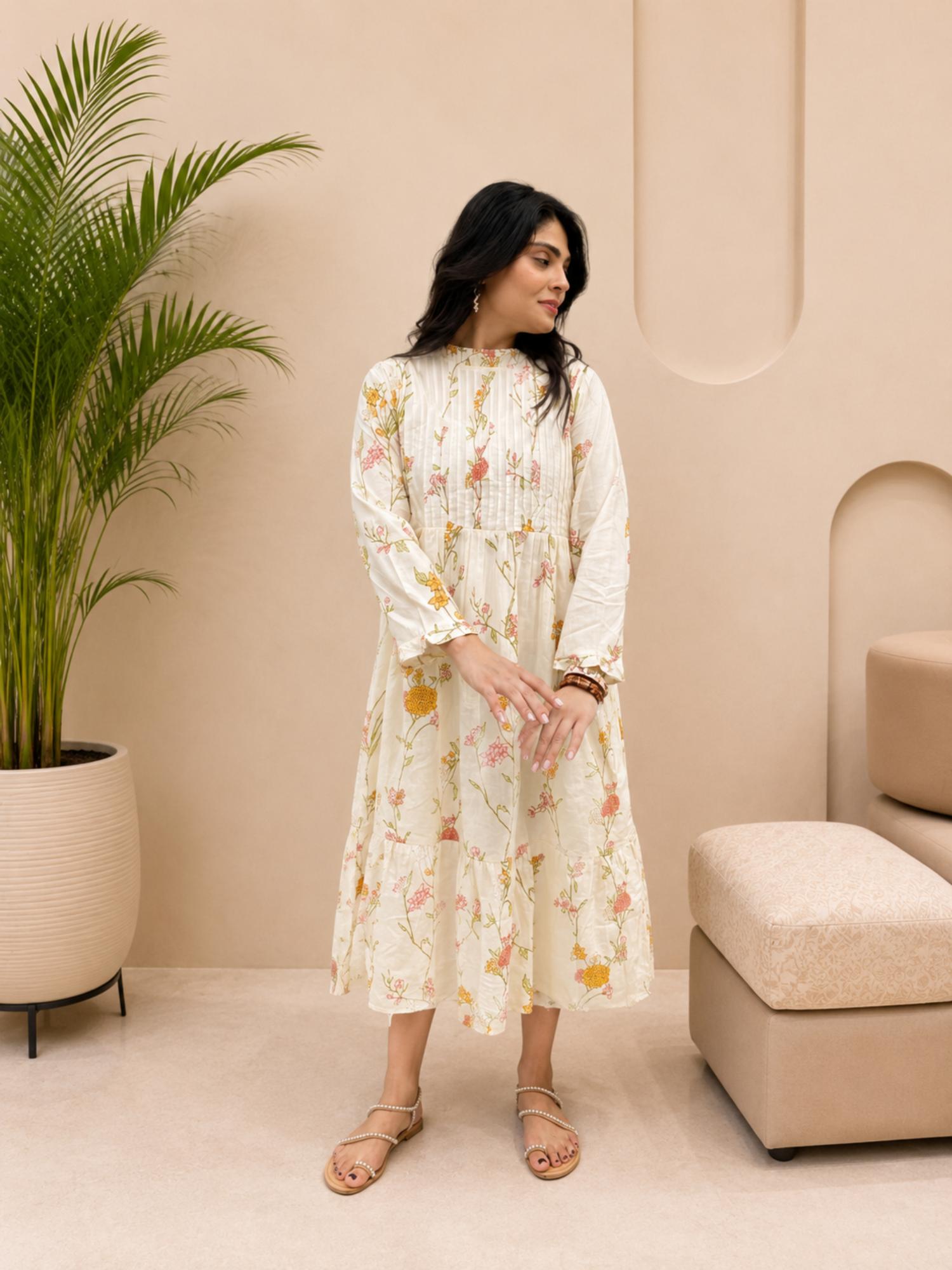 maaesa Cream Floral Regular Dress-picture-20