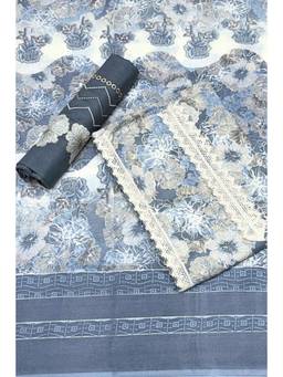 Biba - Grey Floral Unstitched Kurta & Bottom with Dupatta
