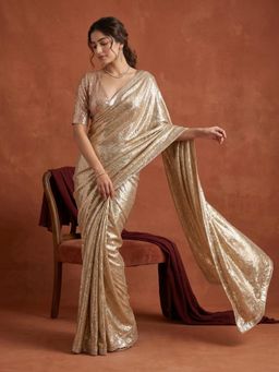 Koskii - Beige Embellished/Sequined Saree with Unstitched Blouse