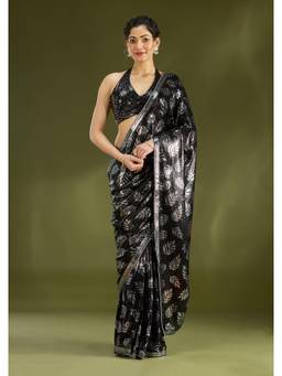 Koskii - Black Embellished/Sequined Saree with Unstitched Blouse