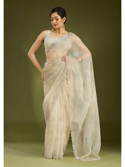 Koskii - Off White Embellished/Sequined Saree with Unstitched Blouse