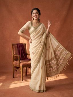 Koskii - Beige Embroidered Saree with Unstitched Blouse