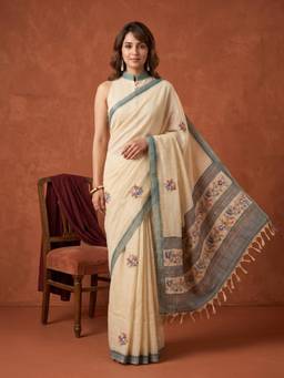 Koskii - Beige Embroidered Saree with Unstitched Blouse
