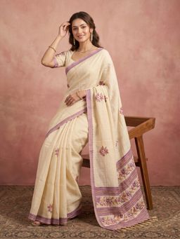 Koskii - Beige Embroidered Saree with Unstitched Blouse