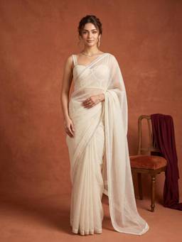 Koskii - Off White Embellished/Sequined Saree with Unstitched Blouse