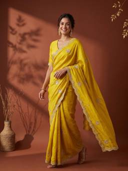 Koskii - Yellow Embroidered Saree with Unstitched Blouse