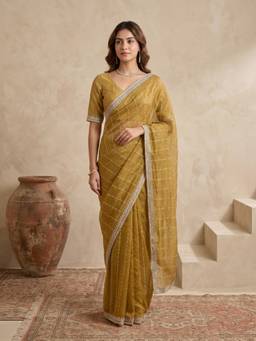 Koskii - Mustard Embroidered Saree with Unstitched Blouse