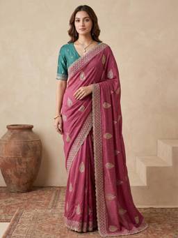 Koskii - Pink Embroidered Saree with Unstitched Blouse