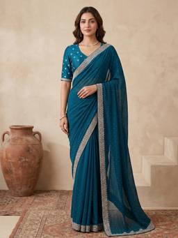 Koskii - Teal Embroidered Saree with Unstitched Blouse