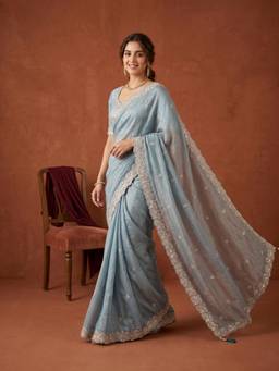 Koskii - Blue Embellished/Sequined Saree with Unstitched Blouse