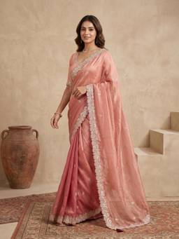 Koskii - Pink Embellished/Sequined Saree with Unstitched Blouse
