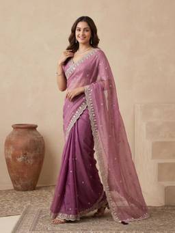 Koskii - Lavender Embellished/Sequined Saree with Unstitched Blouse