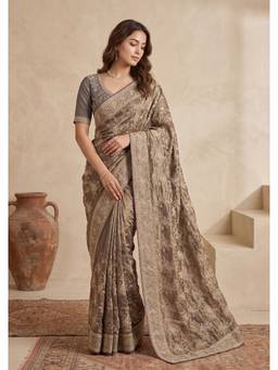 Koskii - Grey Embellished/Sequined Saree with Unstitched Blouse