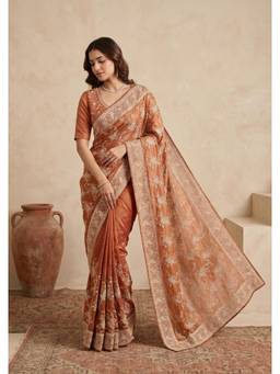 Koskii - Rust Embellished/Sequined Saree with Unstitched Blouse