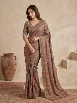 Koskii - Grey Embroidered Saree with Unstitched Blouse