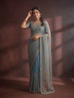 Koskii - Blue Embellished/Sequined Saree with Unstitched Blouse
