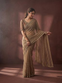 Koskii - Gold Embellished/Sequined Saree with Unstitched Blouse