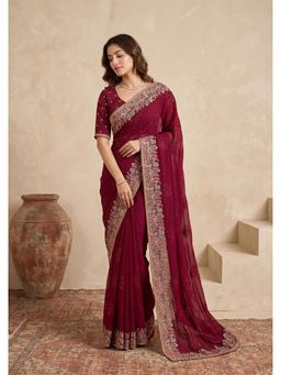 Koskii - Red Embellished/Sequined Saree with Unstitched Blouse