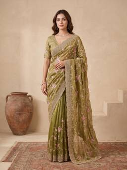 Koskii - Green Embellished/Sequined Saree with Unstitched Blouse