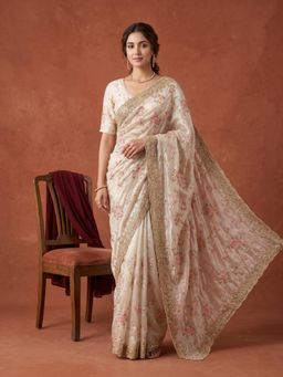 Koskii - Off White Embellished/Sequined Saree with Unstitched Blouse