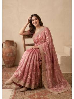 Koskii - Pink Embellished/Sequined Saree with Unstitched Blouse