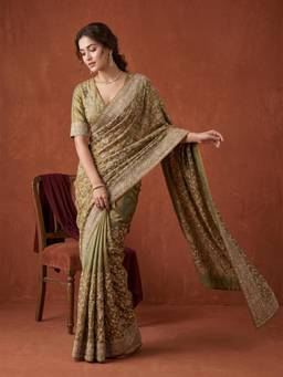 Koskii - Green Embellished/Sequined Saree with Unstitched Blouse