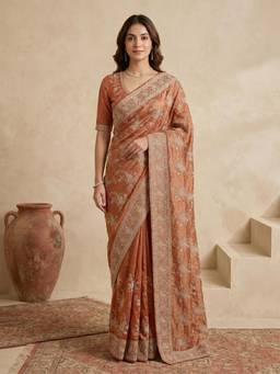 Koskii - Rust Embellished/Sequined Saree with Unstitched Blouse