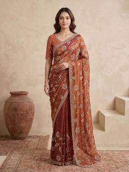 Koskii - Rust Embellished/Sequined Saree with Unstitched Blouse