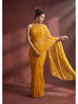 Koskii - Mustard Embellished/Sequined Saree with Unstitched Blouse