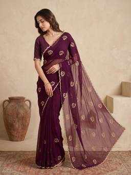 Koskii - Purple Embellished/Sequined Saree with Unstitched Blouse