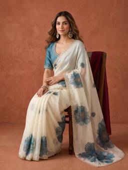 Koskii - Cream Embellished/Sequined Saree with Unstitched Blouse