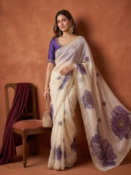 Koskii - Cream Embellished/Sequined Saree with Unstitched Blouse