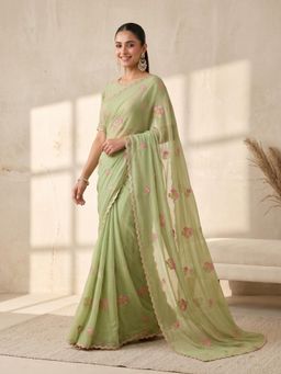 Koskii - Green Embroidered Saree with Unstitched Blouse