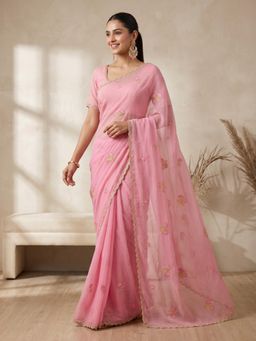 Koskii - Pink Embroidered Saree with Unstitched Blouse