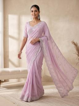 Koskii - Lavender Embroidered Saree with Unstitched Blouse