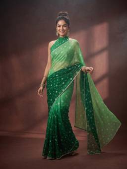 Koskii - Green Embellished/Sequined Saree with Unstitched Blouse