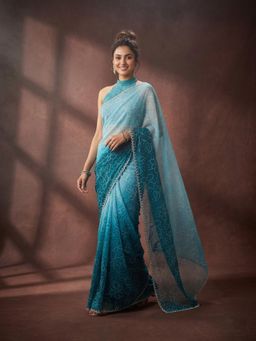 Koskii - Blue Embellished/Sequined Saree with Unstitched Blouse