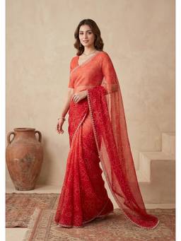 Koskii - Orange Embellished/Sequined Saree with Unstitched Blouse